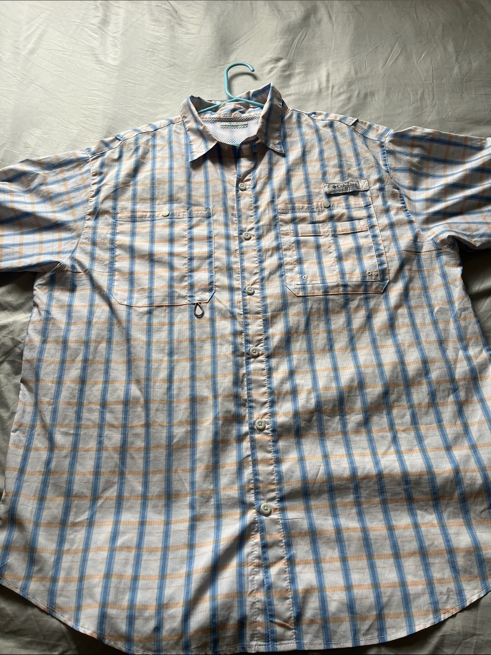 Columbia Light Blue and Tan Plaid Short-Sleeve Button-Down Shirt